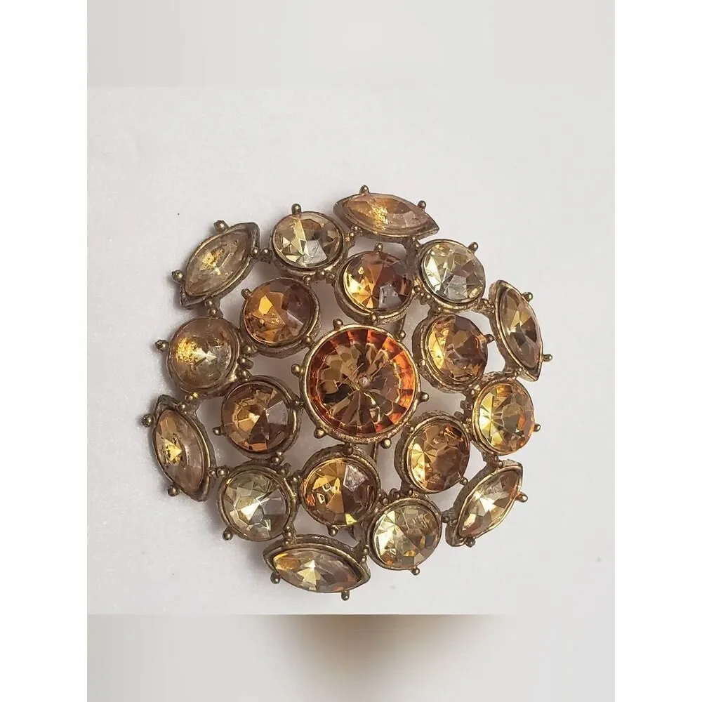 Vintage Gem Domed Brooch Topaz & Amber Rhinestones
